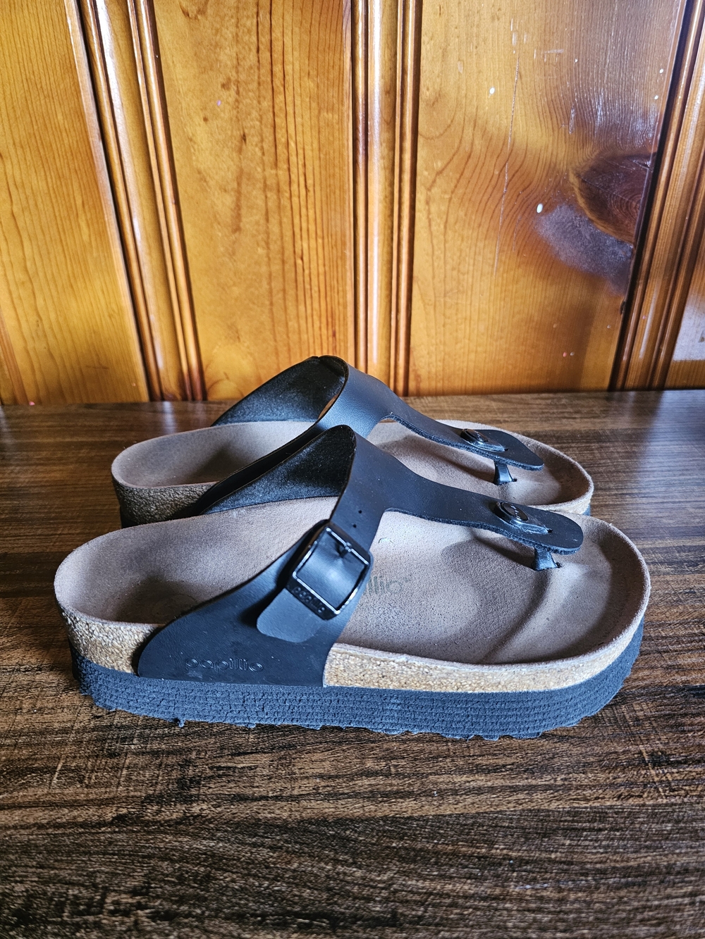 Papillio Black Cork Footbed Thong Sandals with Adjustable Buckle